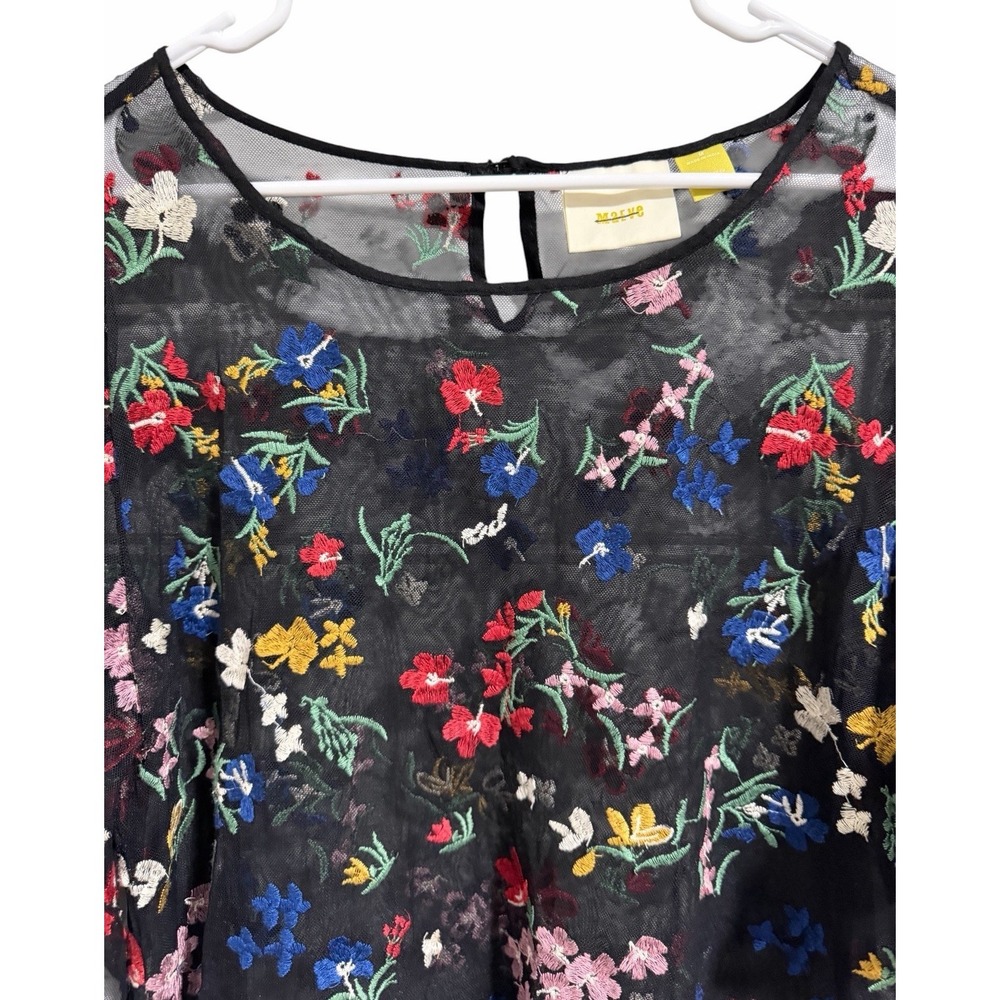 Anthropologie Maeve Meadows Black Sheer Colorful Embroidered Flowers Top Size M - Picture 3 of 11